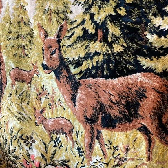 Vintage Velvet Italian Tapestry Rug Wall Hanging of Mountain Scene Buck & Deer